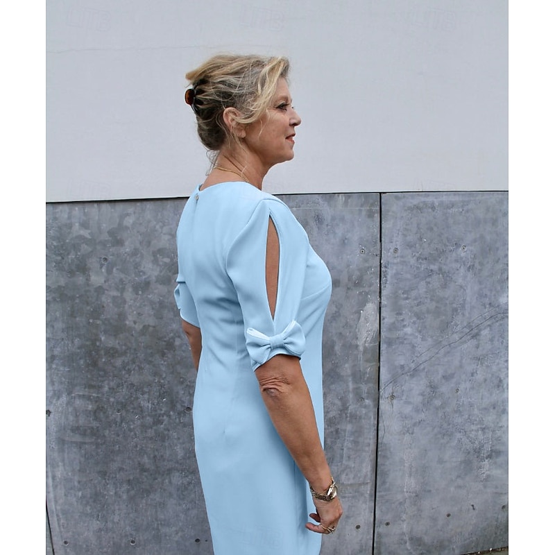 Sheath Cocktail Dress Wedding Guest Elegant Simple Jewel Neck Short / Mini Chiffon Short Sleeve with Bow(s) Solid Color Dresses free custom size2