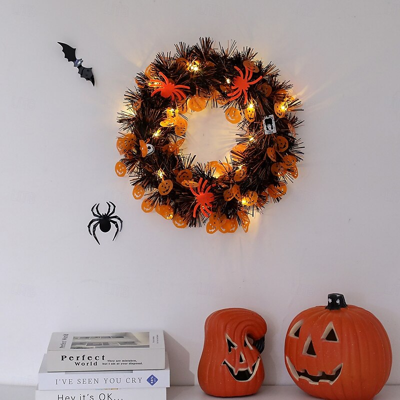 1 Pc diameter 35CM Halloween pumpkin spider skeleton luminous flower wreath indoor and outdoor entrance door party holiday atmosphere decoration light warm light