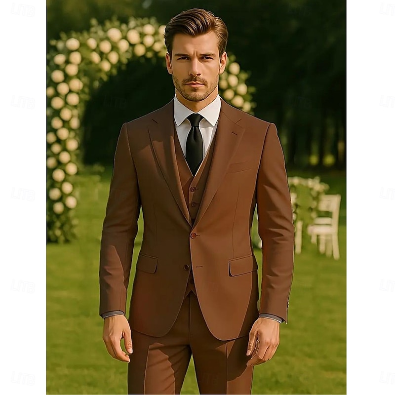 Men's Wedding Party Business Suits Notch Lapel Brown Formal Solid Colored Slim Fit 3 Piece Single Breasted Two-buttons