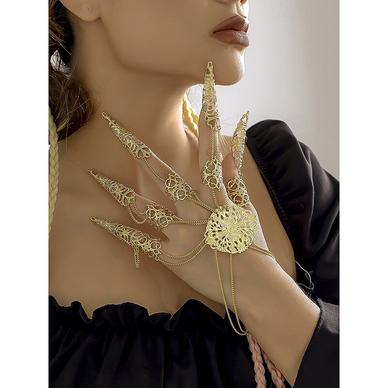 Women's Halloween Gothic Finger Claw Bracelet – Vintage Filigree Metal Hand Jewelry with Chain Links for Costume Parties, Cosplay and Witch Style3