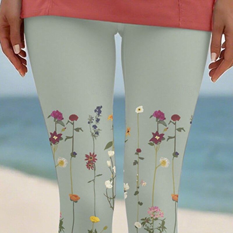 Women's Pants Trousers Leggings Cozy Leggings Streetwear Casual Full Length High Waist Floral Elastic Waist Print Breathability Comfortable Stretchy Vacation Street Daily Wear Light Green Summer2