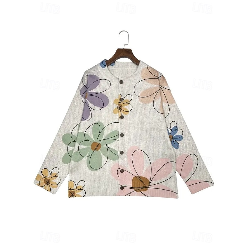 Women's Cardigan Sweater Knitted Ribbed Button Front Round Neck Long Sleeve Lightweight female Elegant Vintage Floral Graphic Buttons Print Regular Tops Knit Outdoor Weekend Beige Fall Winter4