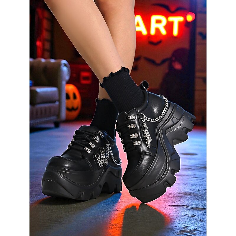 Women's Gothic Halloween Chunky Platform Sneakers with Metal Chains - Punk Edgy Black Lace-Up Shoes for Spooky Party, Alternative Streetwear and Nightlife Looks2
