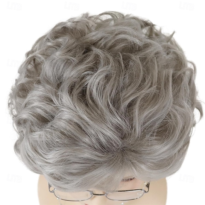 Short Pixie Cut Wigs for Senior Women Silver Grey Layered Hair Wig with Bangs Synthetic Wavy Curly Wigs for Old Ladies Daily Party Granny4