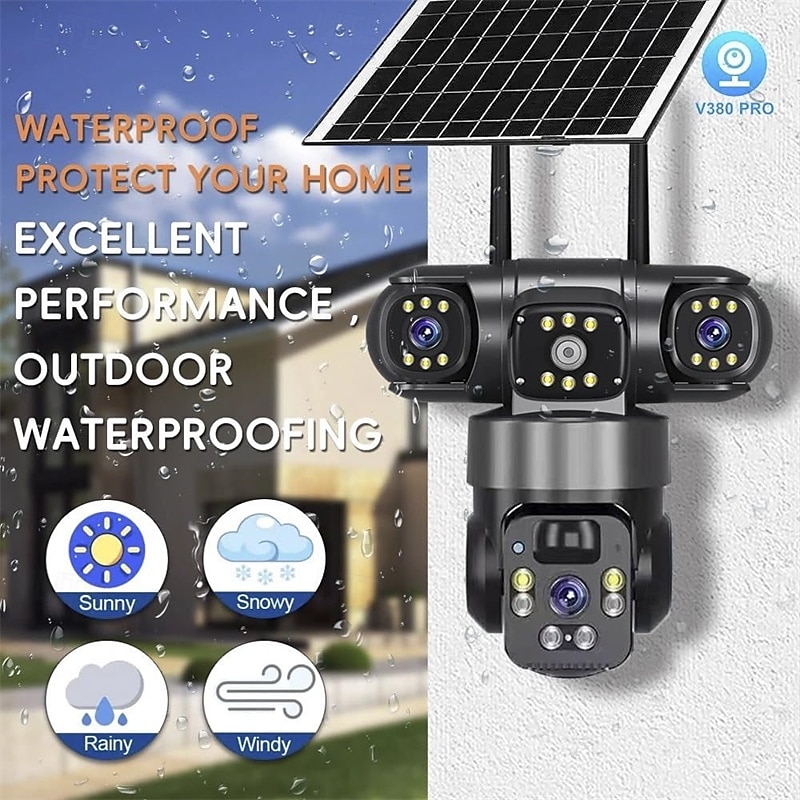 Solar Camera Outdoor Wireless WiFi Three Lens Solar Security Camera 360 Pan & Tilt No Blind Spots Smart AI Human Detection Tracking Color Night Vision 2-Way Talk Siren Alarm No Cellular Needed