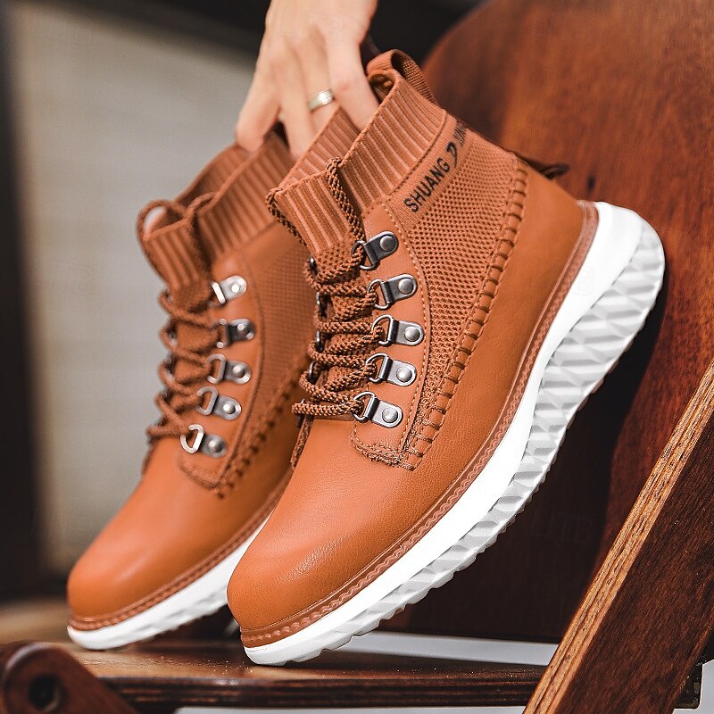 Men's Brown Faux Leather High-Top Sneakers with Knitted Ankle Design – Comfortable Lace-Up Casual Boots for Fall, Winter and Outdoor Streetwear2