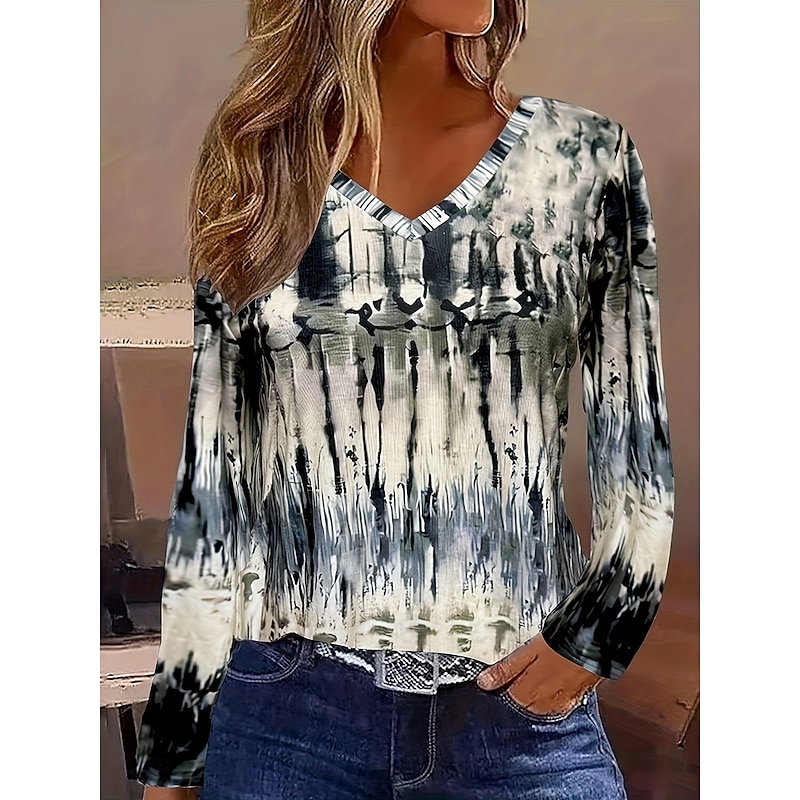 Women's T Shirt Graphic Tie Dye Abstract Vintage Stylish Classic Long Sleeve V Neck Regular Tops Daily Print Navy Blue Spring Fall Winter