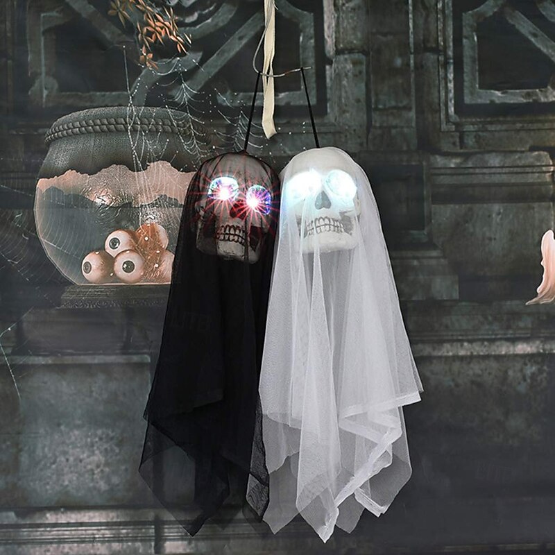 Halloween Gauze Skull Hanging Ghost with Flashing Eyes Horror Halloween Decoration Props for Haunted House Bar Restaurant KTV Decor Horror Hanging Ghost Pendant