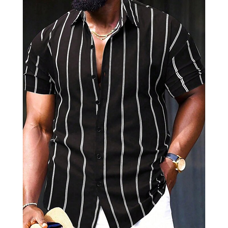Men's Shirt Summer Shirt Casual Shirt Beach Shirt Button Up Shirt Black Light Green Royal Blue Green khaki Short Sleeve Stripe Lapel Vacation Hawaiian Clothing Apparel Polyester Fashion Casual4