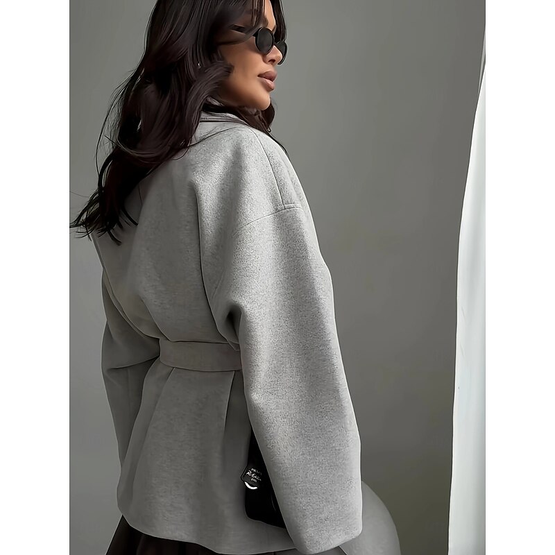 Women's Blazer With Belt Solid Color Casual / Daily Fashion Loose Fit Outerwear Long Sleeve Light Grey S3