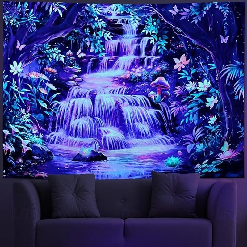 Trippy Waterfall Forest Tapestry – Glow in the Dark Psychedelic Wall Hanging for Bedroom or Dorm Decor