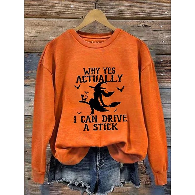 Halloween Women's Pullover Sweatshirt Witch Graphic Letter Fashion Casual Long Sleeve Crew Neck Regular Tops Street Dailywear Casual Print Blue Purple Orange Green Gray Fall Winter