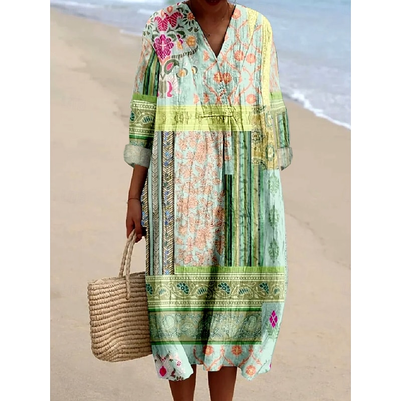 Women's Midi Dress Sundress A Line Dress Vacation Casual Boho Holiday Date Beach Loose Fit Floral Graphic Paisley Long Sleeve V Neck Light Pink Light Green Light Purple Summer Spring Fall