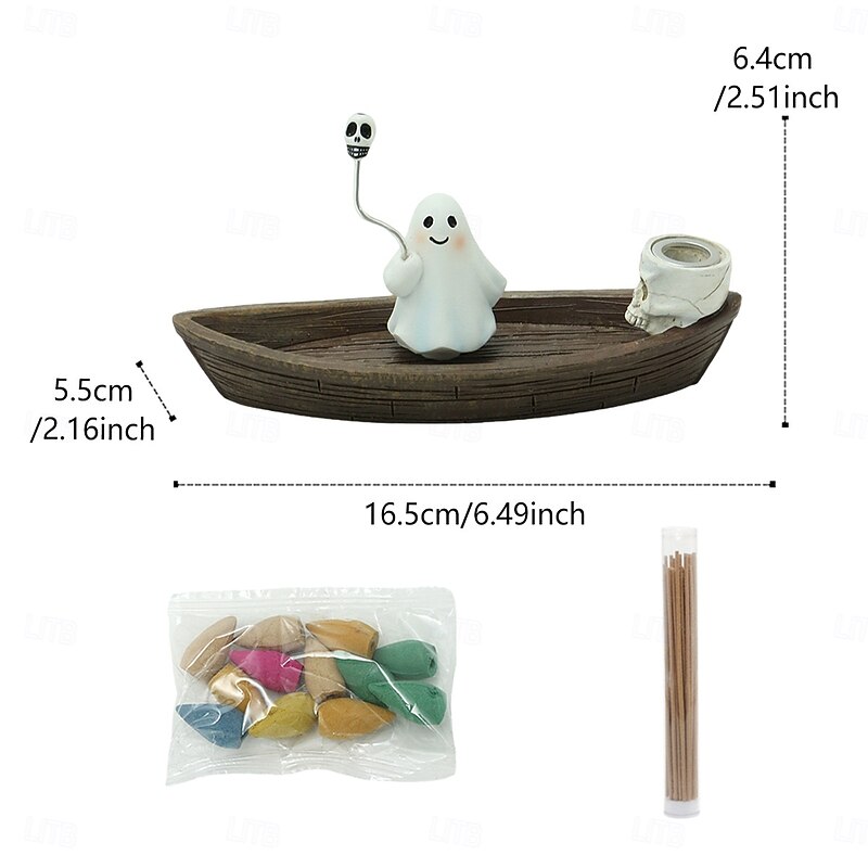 Halloween Resin Cute Ghost Decoration Ship Incense Burner, Backflow Incense Holder for Home Tabletop Decoration, Spooky Cute Ghost Decoration Ship Ornament2