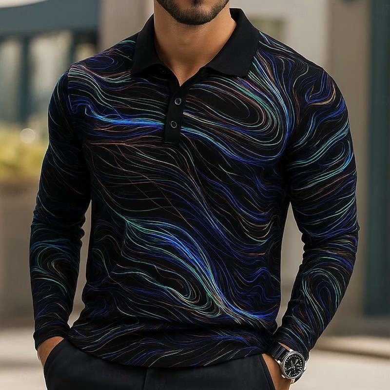 Men's Geometic Line Polo Long Sleeve Polo Shirts Lapel Business Casual Athleisure Daily Wear 3D Print Buttons Spring Fall Winter Black Purple Green3