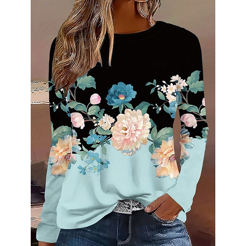Women's T Shirt Floral Graphic Plants Vintage Stylish Classic Long Sleeve Crew Neck Round Neck Regular Tops Daily Print Light Blue Spring Fall Winter