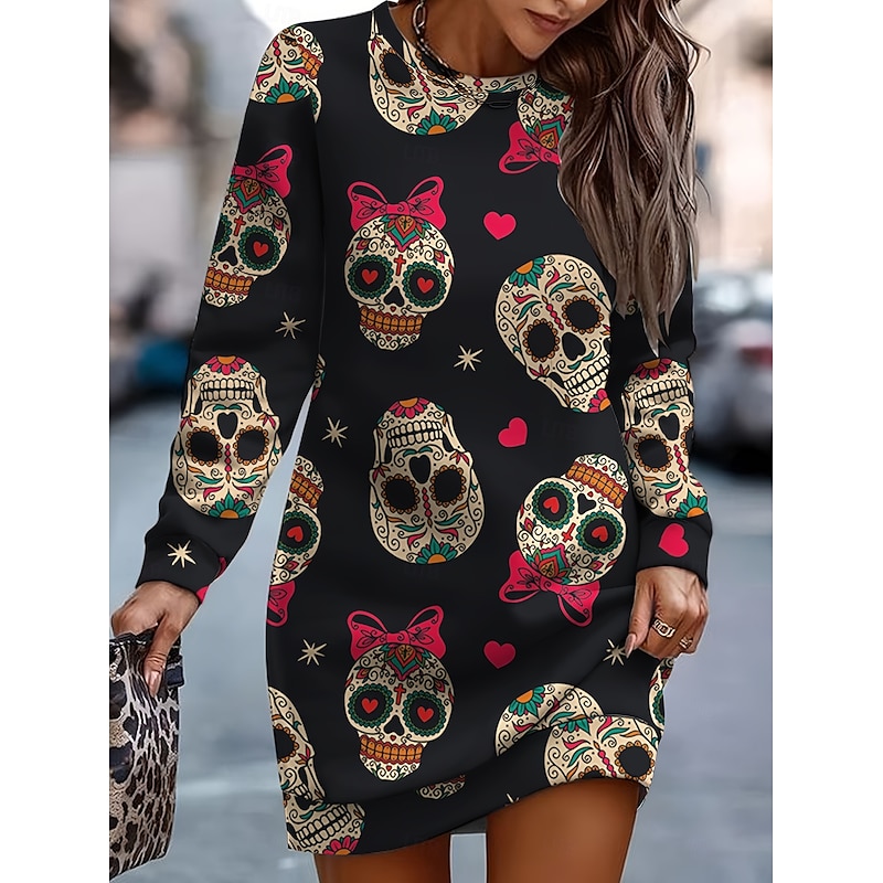 Halloween Women's Skulls Print Mini Dress Casual Dress Shift Dress Casual Regular Fit Graphic Skull Long Sleeve Crew Neck Black Spring Fall Winter