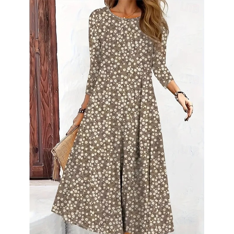 Women's Maxi Dress Fit And Flare Dress Vacation Casual Boho Party Daily Going out Regular Fit Floral Graphic Polka Dot Long Sleeve Crew Neck Black Light Brown Blue Purple Fall Winter