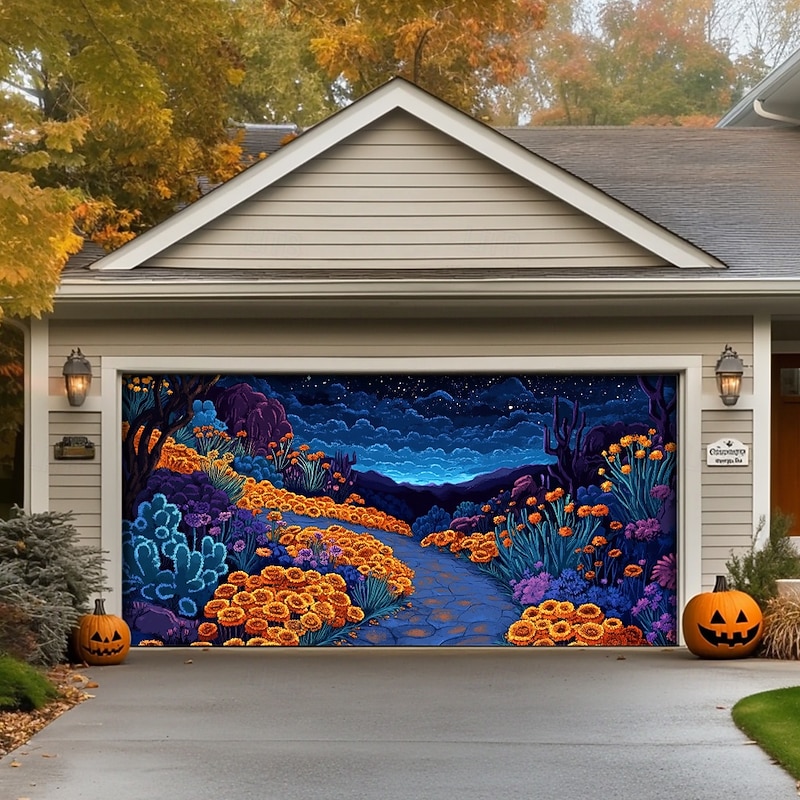 Day of the Dead Garage Door Cover Large Hanging Backdrop Marigold Mexico Dark Punk Gothic Style Party Outdoor Shooting Backgrounds Front Door Home Decor4