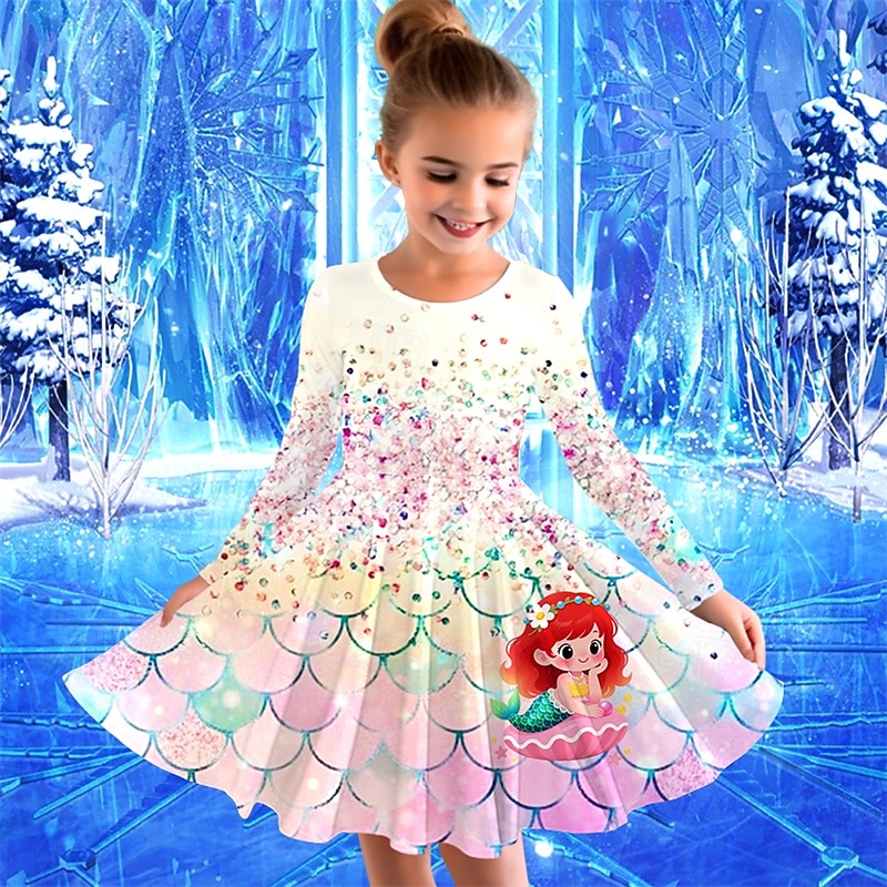 Girls' 3D Graphic Mermaid Dress Long Sleeve Summer Spring Vacation Daily Holiday Princess Beautiful Sweet Kids 4-12 Years Casual Dress A Line Dress Knee-length Regular Fit2