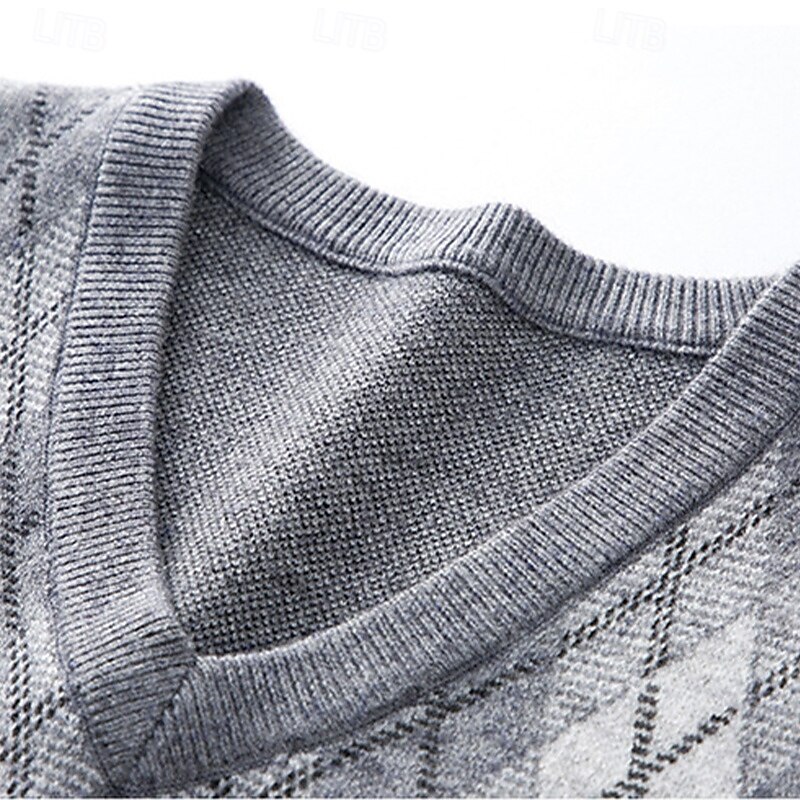 Men's Sweater Sweater Vest Pullover Sweater Jumper Ribbed Knit Regular Tops Knitted Slim Fit Geometric V Neck Knitwear Contemporary Casual Daily Wear Clothing Apparel Winter Spring &  Fall Dark Gray4