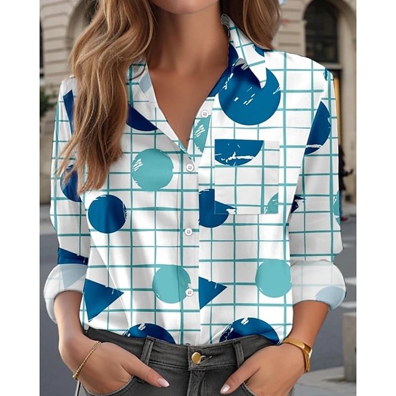 Women's Shirt Blouse Geometric Modern Casual Long Sleeve Shirt Collar Regular Tops Daily Holiday Going out Buttons Print Blue Fall