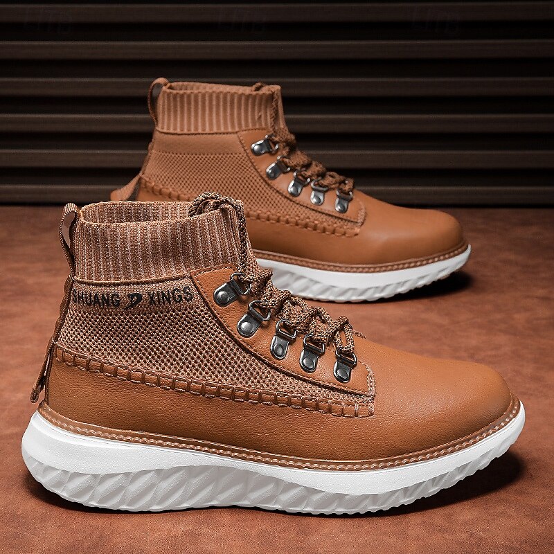 Men's Brown Faux Leather High-Top Sneakers with Knitted Ankle Design – Comfortable Lace-Up Casual Boots for Fall, Winter and Outdoor Streetwear4