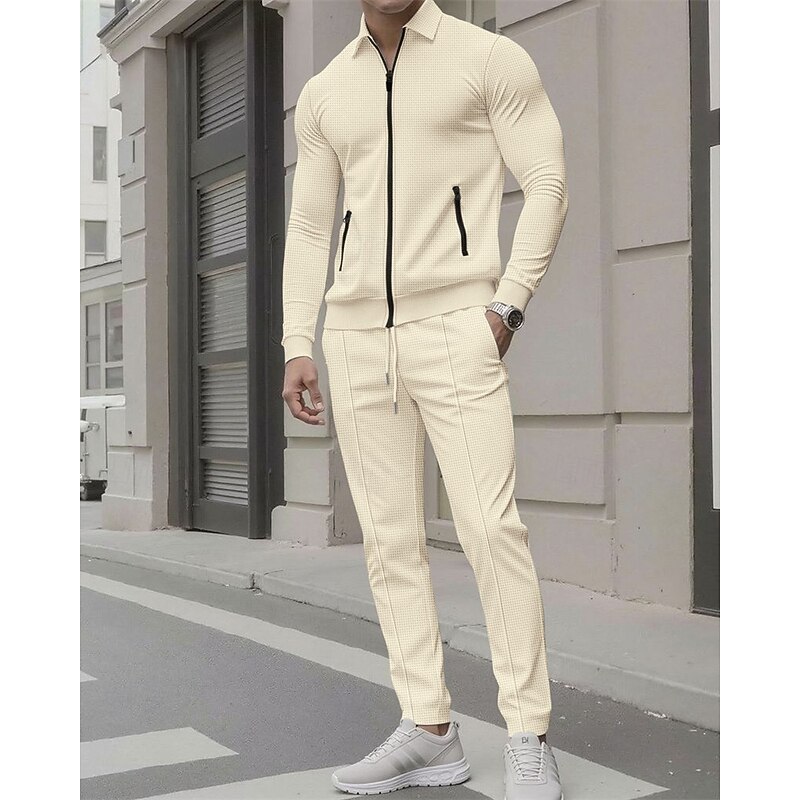 Men's Lightweight Jacket Casual Jacket Set Vacation Daily Breathable Pocket 2 Piece Spring Fall Plain Fashion Classic Lapel Regular Black White Royal Blue Khaki Gray Jacket2