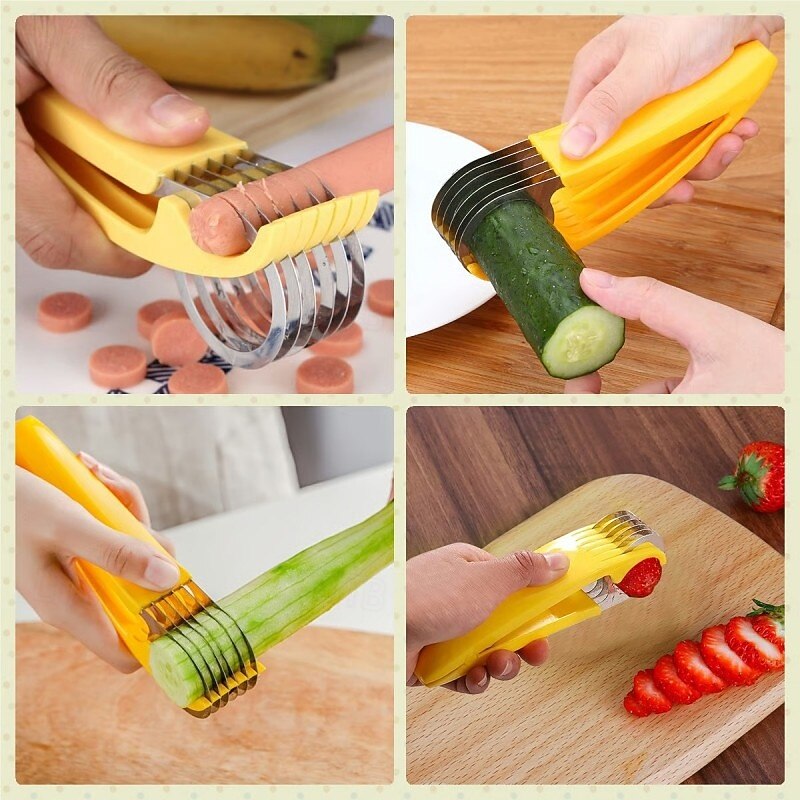 Food Manual Slicer Stainless Steel Banana Cutter Sausage Divider Fruit Vegetable Cutting Tool Creative Kitchen Accessories Portable Slicing Gadget For Salad Snack Platter Preparation3