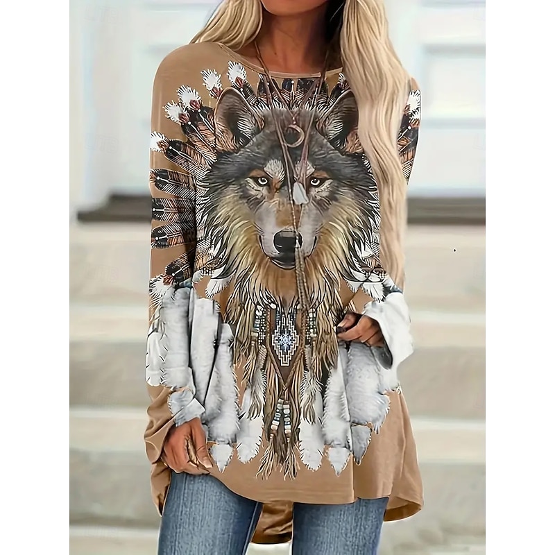 Women's T Shirt Graphic Animal Tribal Vintage Stylish Classic Long Sleeve Crew Neck Round Neck Long Tops Daily Print Black Brown Khaki Spring Fall