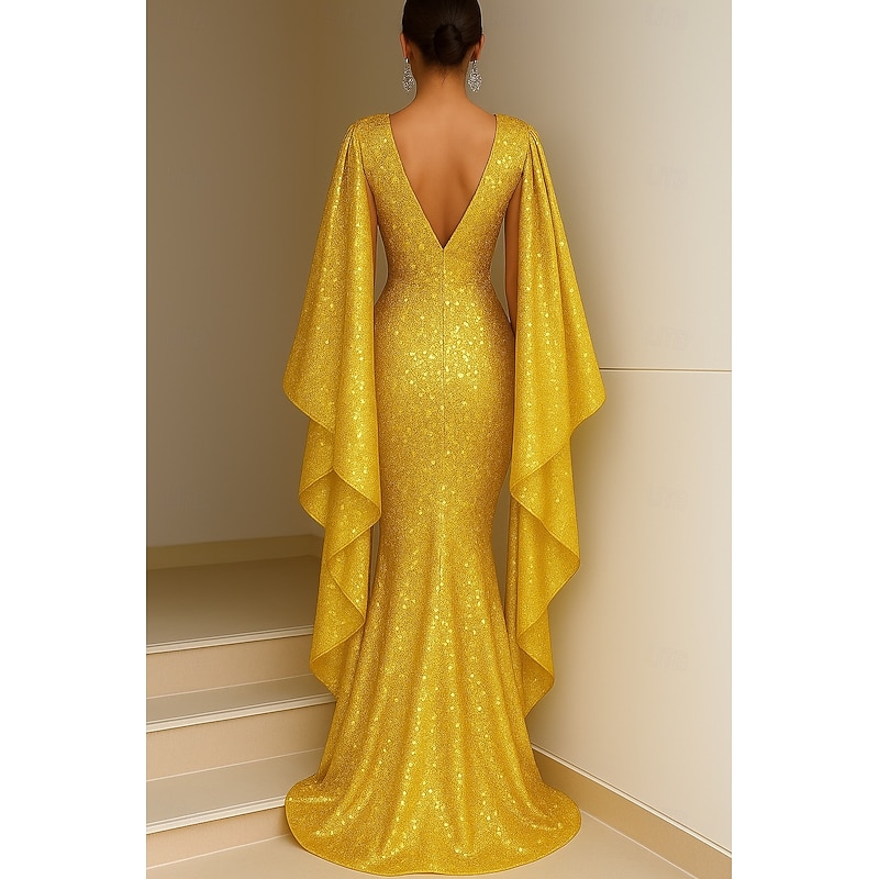 Gold Black Red Sequined Mermaid Evening Gown Elegant Dress Formal Wedding Floor Length Sleeveless V Neck Capes with Glitter 20252