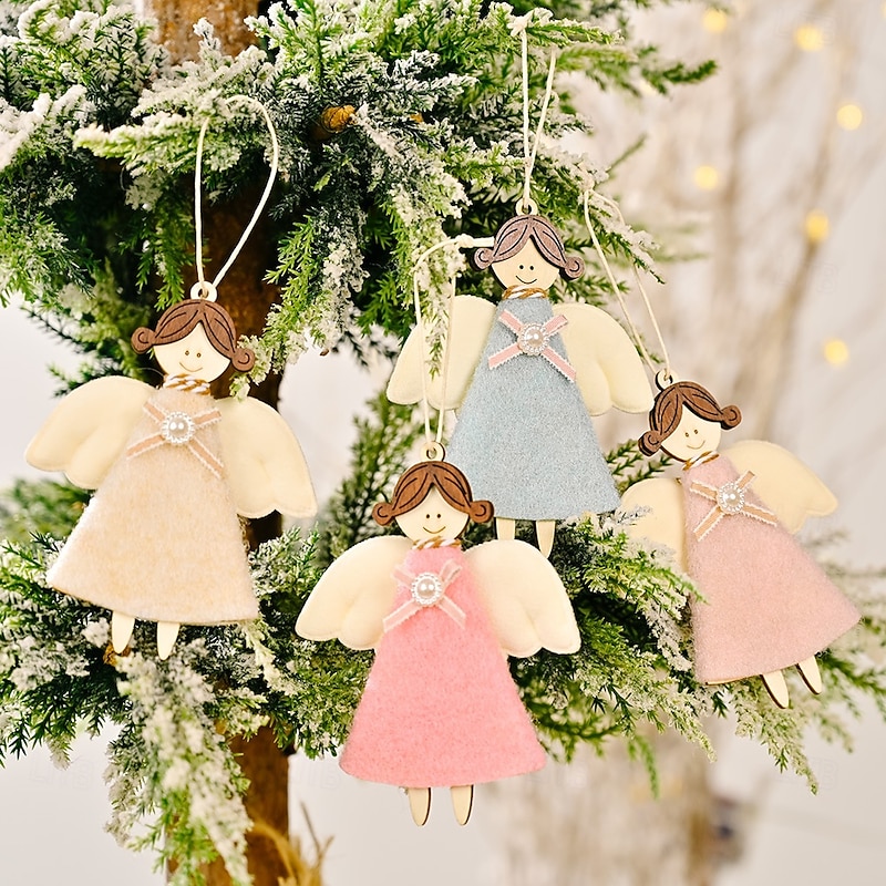 4pcs Christmas Angel Hanging Ornaments, Wooden and Felt Angel Decorations, Girl Figurine Christmas Tree Decor, Holiday Home and Party Hanging Accessories