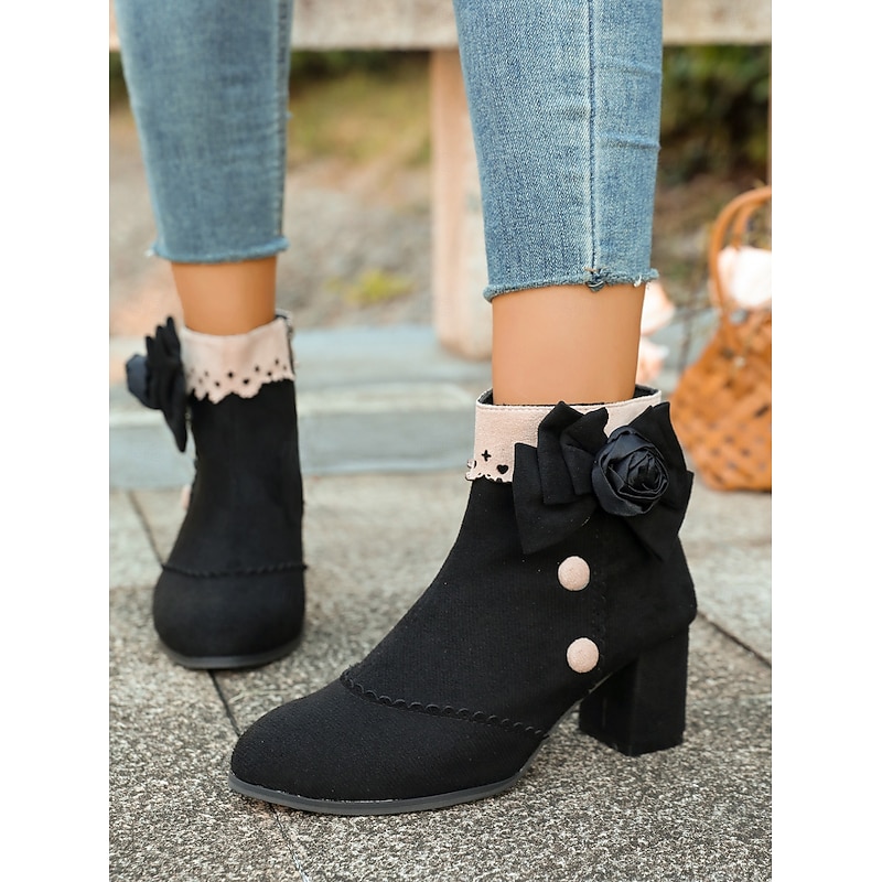 Women's Boots Chelsea Boots Daily Floral Booties Ankle Boots Flower Chunky Heel Pointed Toe Bohemia Suede Zipper Black