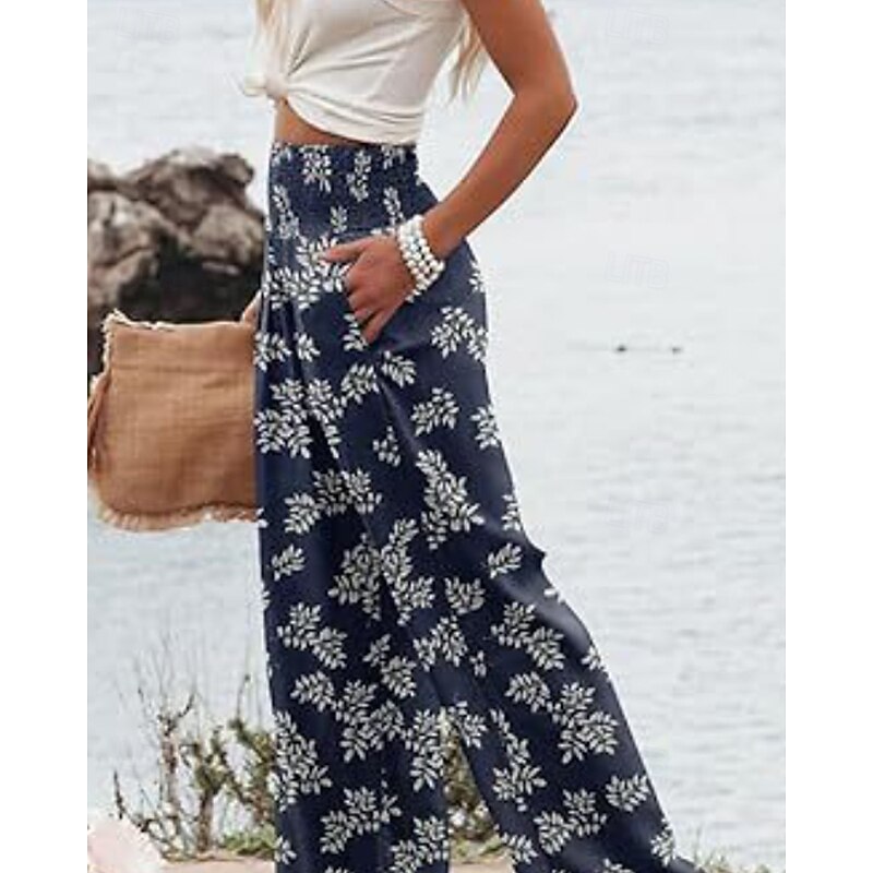 Women's Wide Leg Slacks Streetwear Casual Full Length Natural Flower Pocket Elastic Waist Print Soft Holiday Weekend Blue Fall Regular Fit2