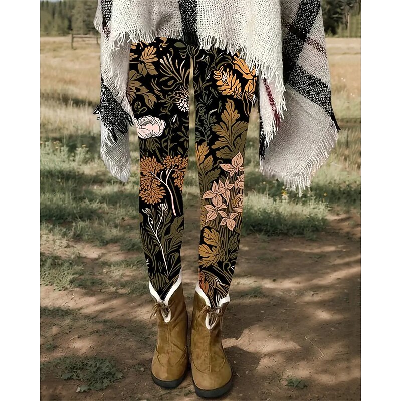 Women's Pants Trousers Leggings Cozy Leggings Streetwear Casual Full Length High Waist Floral Elastic Waist Print Breathability Comfortable Stretchy Vacation Street Daily Wear Orange Spring Fall