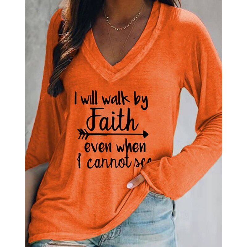 Women's T Shirt Letter Casual Long Sleeve V Neck Regular Tops Daily Weekend Print Black White Pink Orange Gray Fall