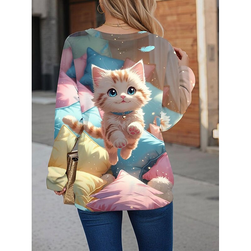 Women's Pullover Sweatshirt Graphic Animal Cat Casual Long Sleeve Crew Neck Regular Tops Street Casual Holiday Print Pink Blue Purple Green Spring Fall Winter2