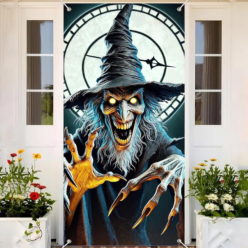 Halloween Door Cover Outdoor Banners Skeleton Witch 3D Psychedelic Dark Punk Gothic Style Party Outdoor Shooting Backgrounds Front Door Wall Porch Home Decor3