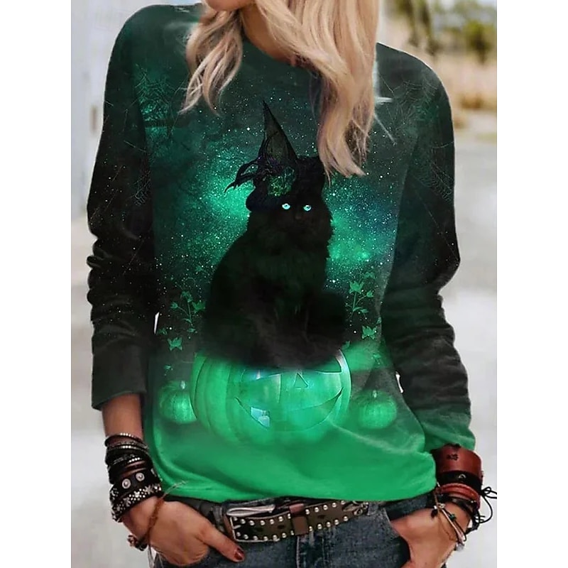 Halloween Women's T shirt Black Cat Graphic Cat Vintage Fashion Stylish Long Sleeve Crew Neck Regular Tops Daily Weekend Print Yellow Red Blue Orange Green Spring Fall Winter