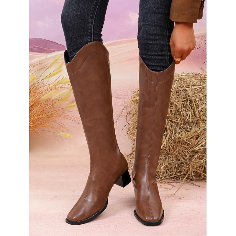 Women's Brown Knee High Boots – Square Toe Western Riding Boots with Block Heel for Fall Winter Country Outfits and Casual Wear