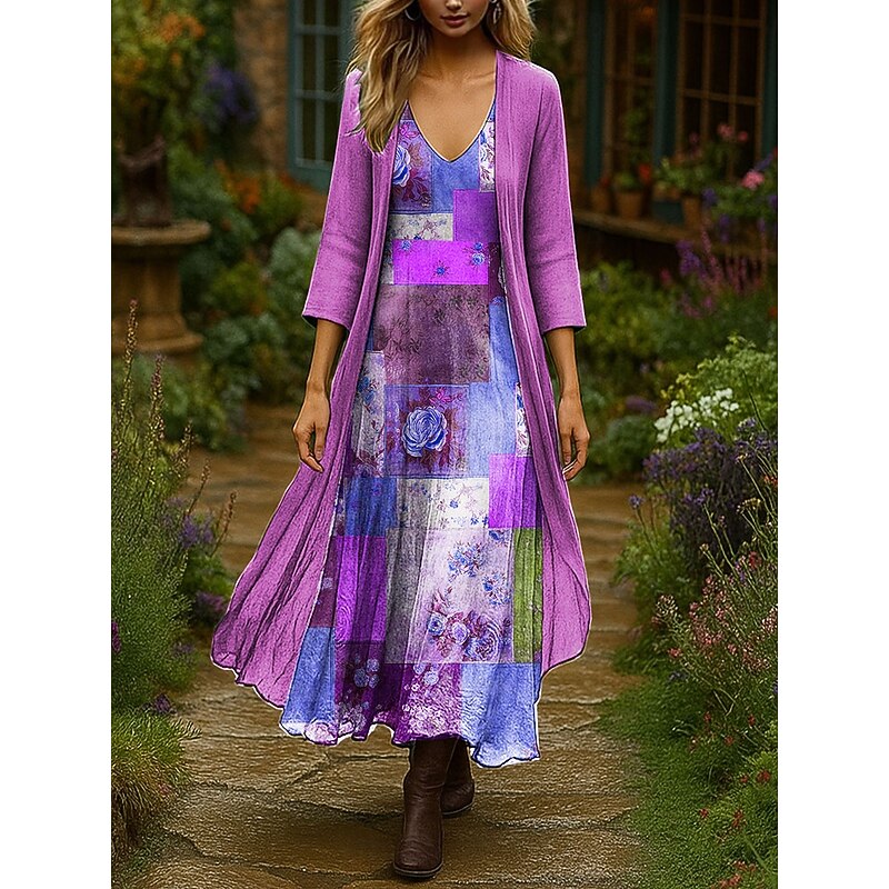 Women's Dress Set Maxi Dress A Line Dress Vacation Boho Floral Graphic Layered Print Maxi Dress 3/4 Length Sleeve V Neck Outdoor Daily Pink Blue Green Spring Fall Regular Fit2
