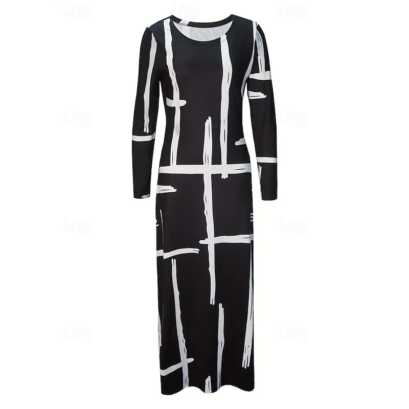 Women's Maxi Dress Shift Dress A Line Dress Casual Boho Daily Date Going out Regular Fit Graphic Geometric Tie Dye Long Sleeve Crew Neck Black Spring Fall Winter Autumn2