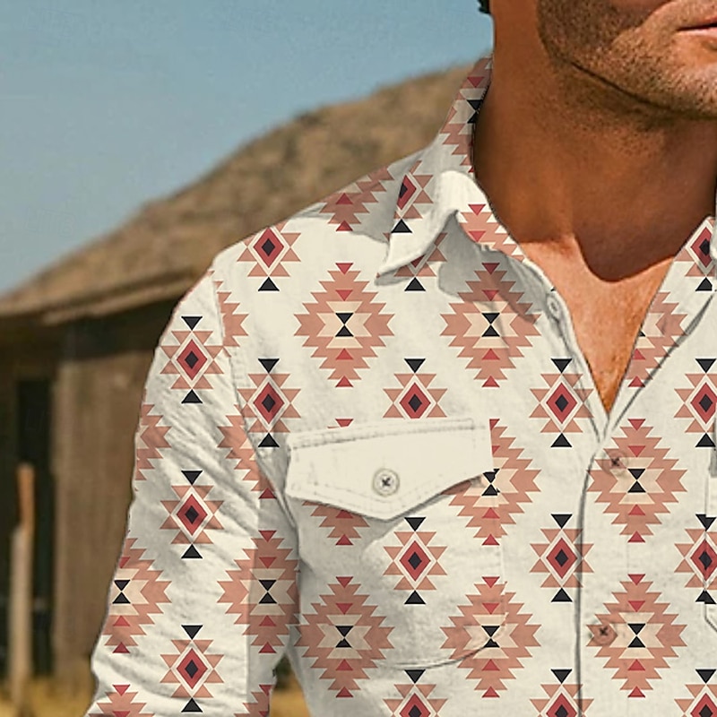 Men's Aztec Ethnic Western Shirt Button Up Shirt Cowboy Shirt Long Sleeve Vintage Retro Outdoor Holiday Summer Spring Fall Turndown Collared Shirts Front Two Pockets Blue Green Apricot2