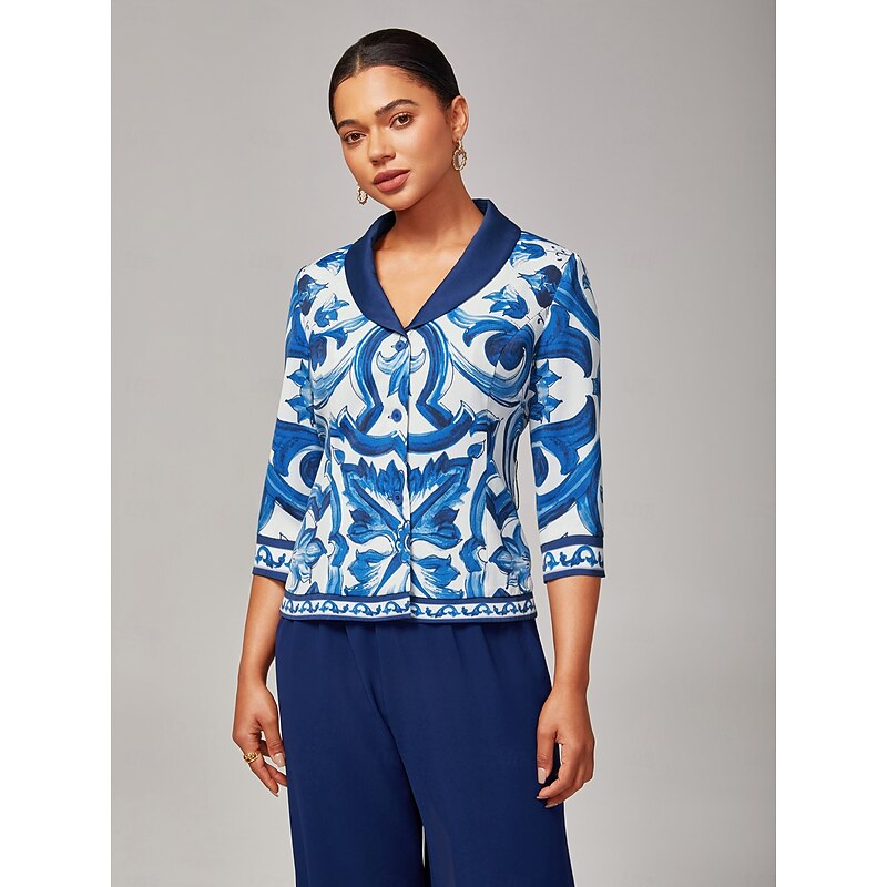 Women's Blue and White Porcelain Print Blazer Notched Lapel Color Blocking Design Elegant Stylish Casual Lined Work Daily Fashion Fall