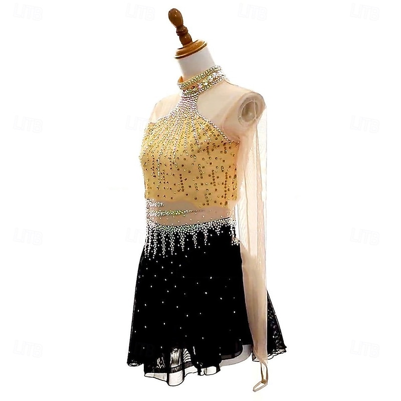Figure Skating Dress Women's Girls' Ice Skating Dress Black Golden Open Back Asymmetric Hem Mesh High Elasticity Training Competition Skating Wear Classic Crystal / Rhinestone Long Sleeve Ice Skating Figure4