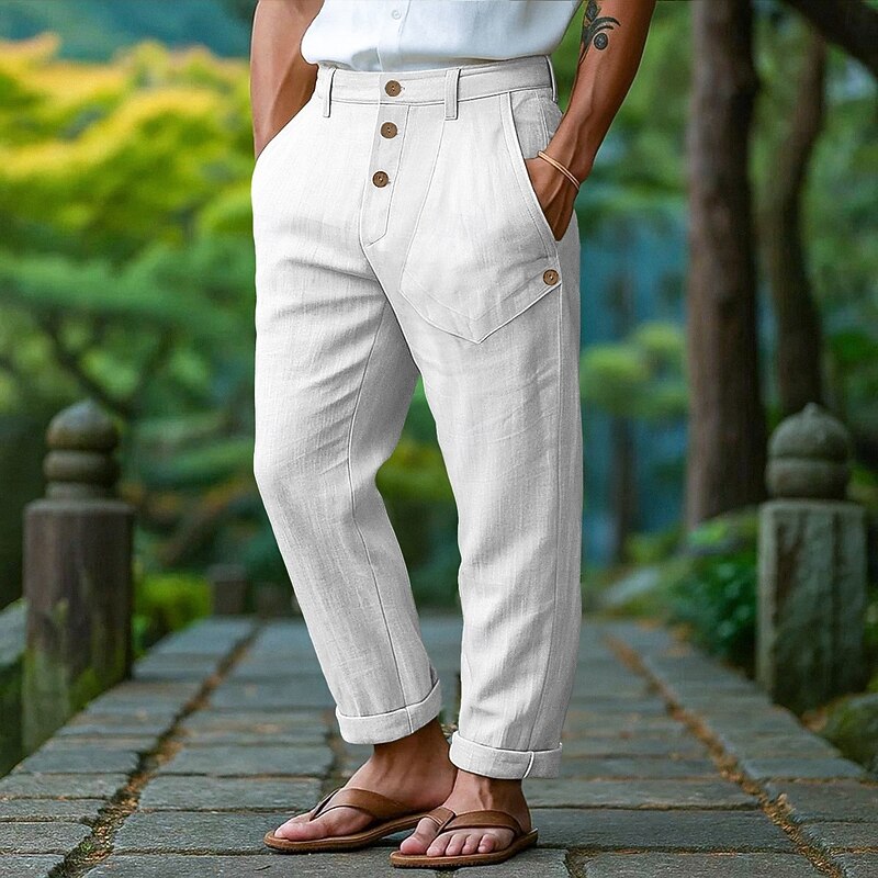 Men's Linen Pants Trousers Summer Pants Front Pocket Straight Leg Plain Comfort Breathable Full Length Outdoor Casual Daily Vacation Fashion White Blue Inelastic4