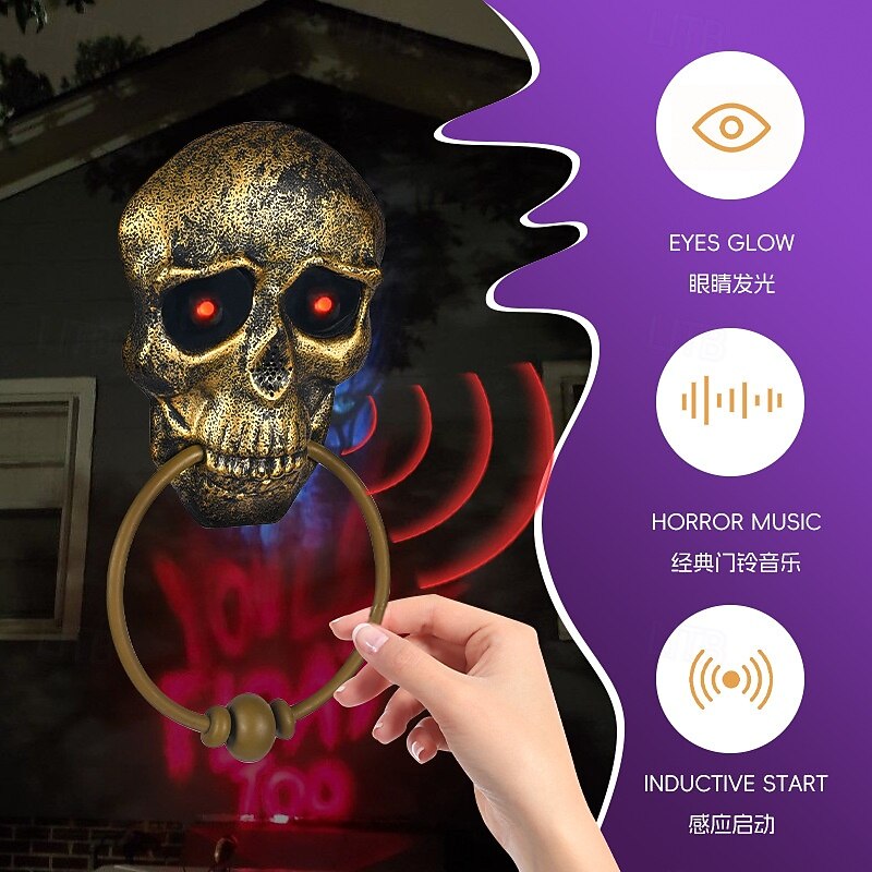 Halloween Horror Doorbell Ghost Skull Trick Toy Ghost House Party Supplies Luminous Skull Head Knocker Skeleton Head Door Bell2