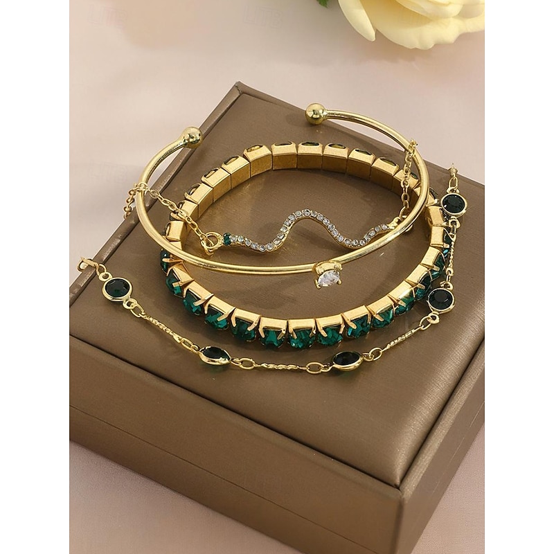 Women's Gold-Tone Green Crystal Bracelet Set – 4-Piece Elegant Alloy Jewelry with Adjustable Chain, Fashion Statement Accessories for Parties, Weddings and Special Occasions2