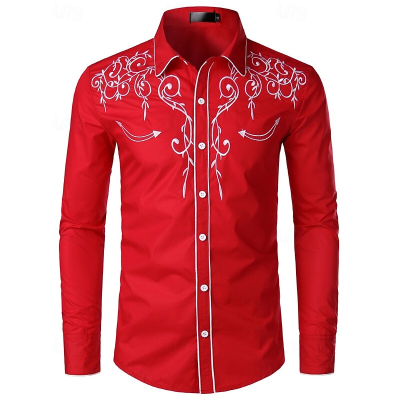 Men's Shirt Summer Shirt Casual Shirt Beach Shirt Button Up Shirt Black White Red Navy Blue Long Sleeve Pattern Lapel Vacation Hawaiian Embroidered Clothing Apparel Cotton Polyester Fashion Casual2