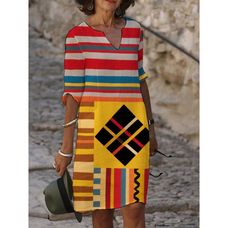 Women's Midi Dress Casual Dress Print Dress Vintage Daily Beach Weekend Regular Fit Geometric Color Block 3/4 Length Sleeve Crew Neck Yellow Purple Fuchsia Orange Summer Spring Fall Autumn